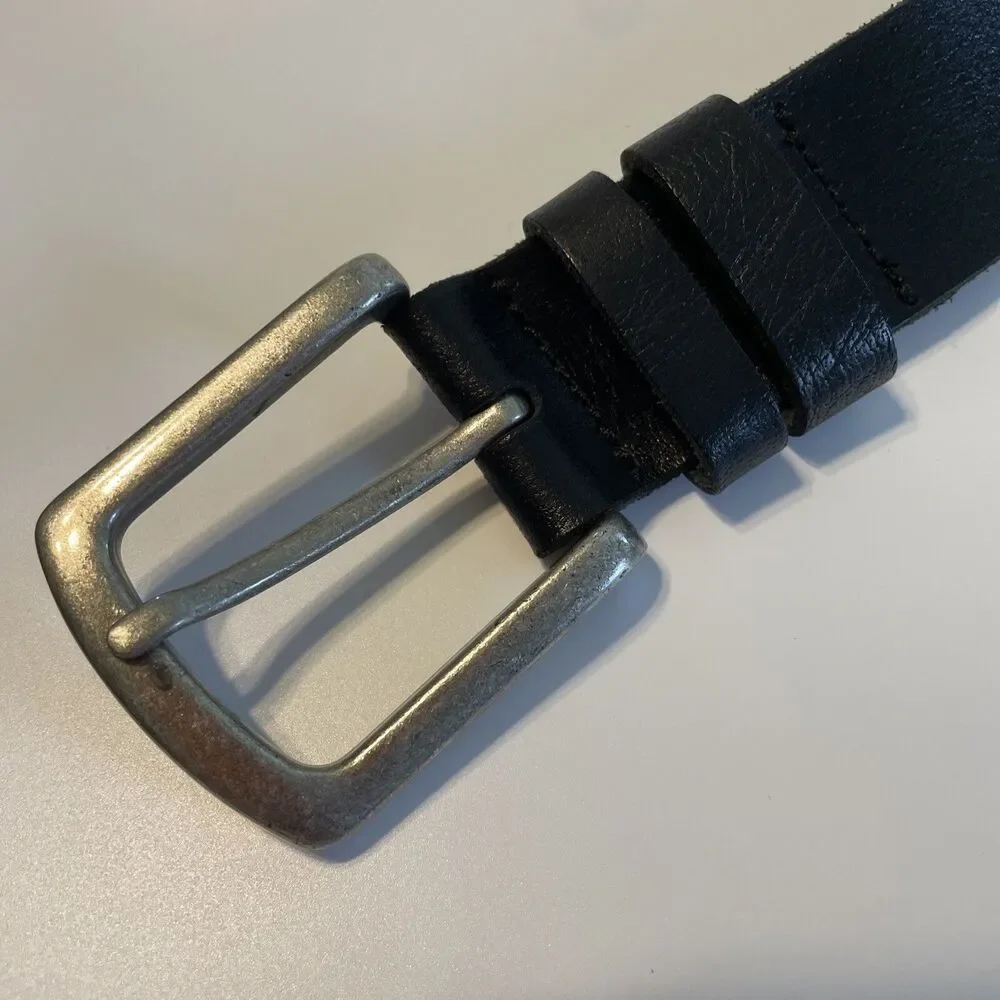 Mens Black Leather Belt Silver Buckle 50” long 1.5” Wide